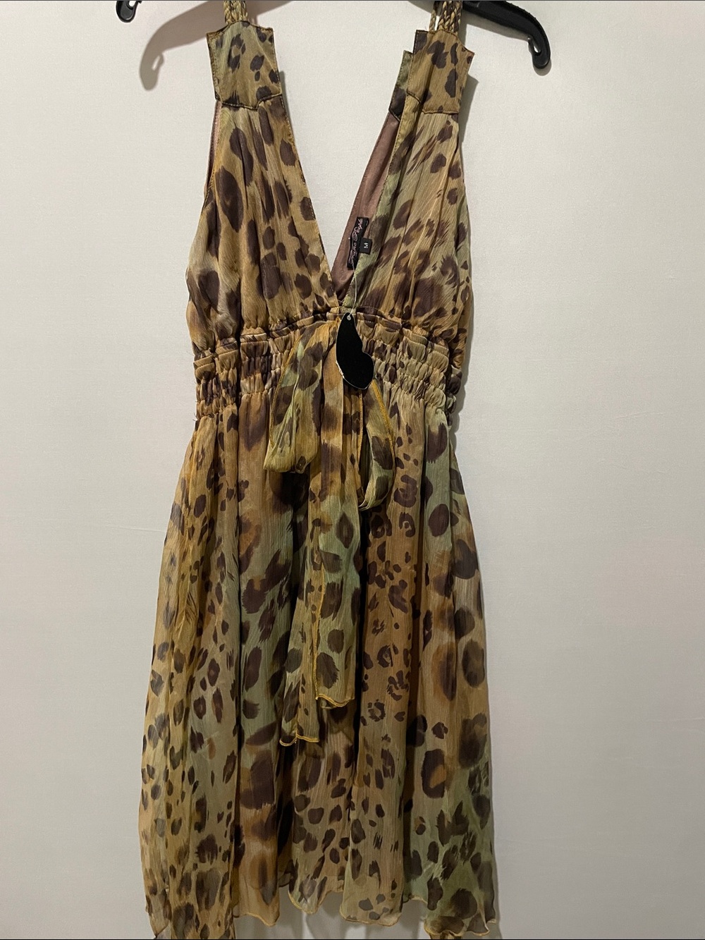 Vintage Traffic People Olive and Brown Leopard-Print V-Neck Mini Dress